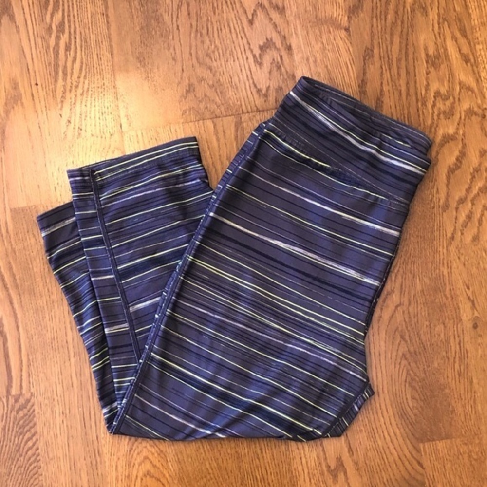 HIND Striped Capri Workout Leggings in Gray/Black/Neon